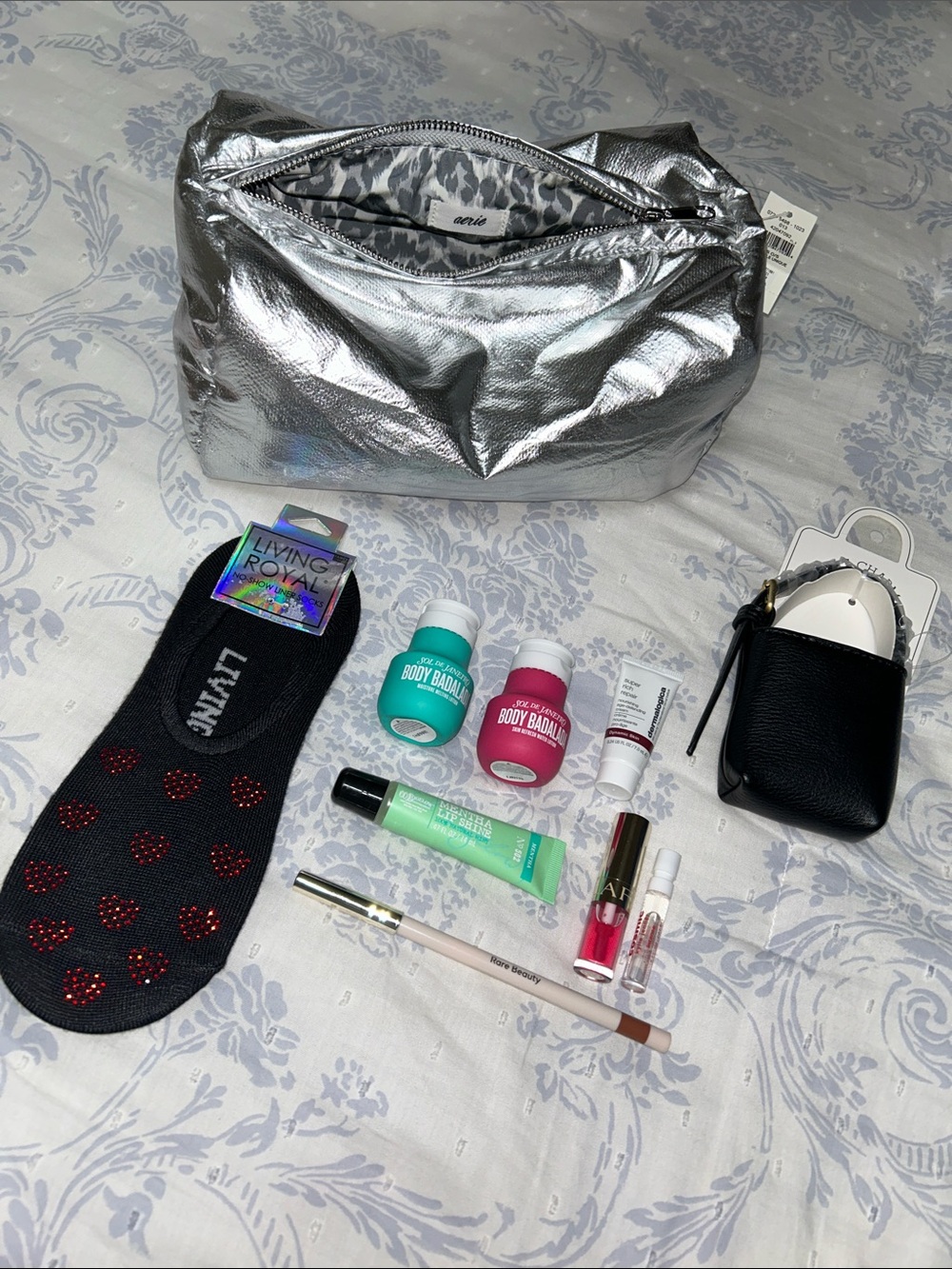 NWT aerie Metallic Silver Cosmetic Pouch with Leopard-Print Lining with Ulta Set